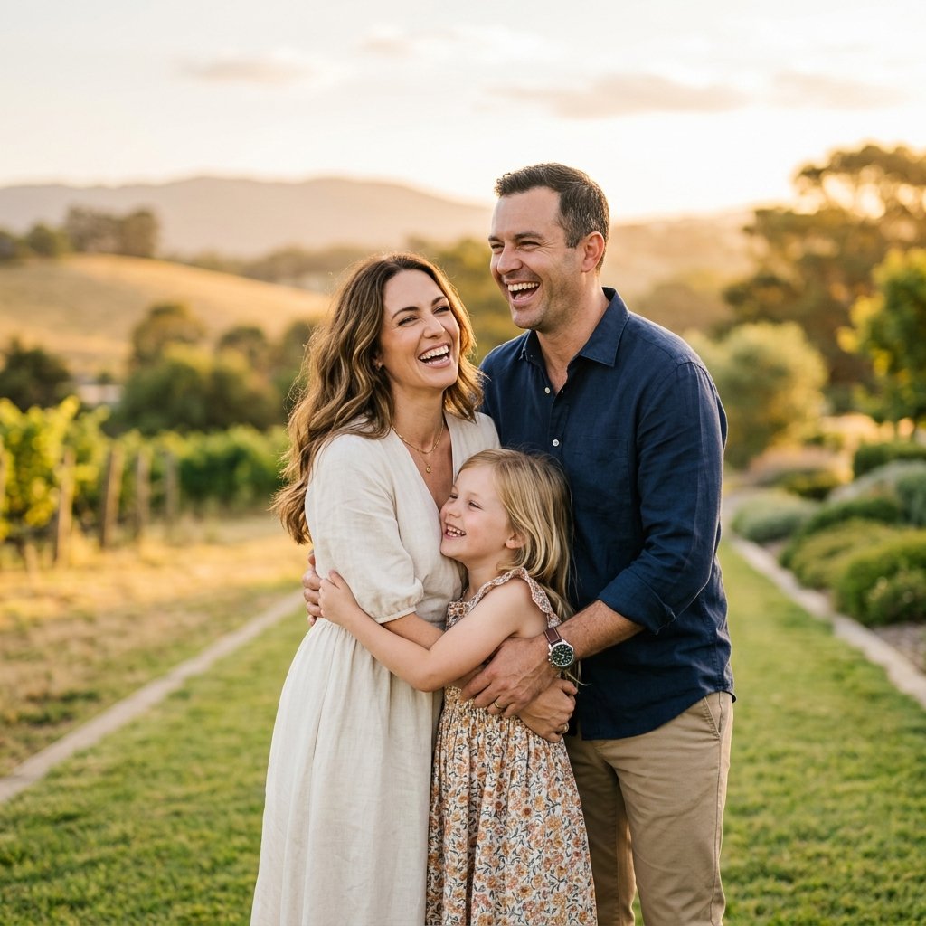 Família feliz sorrindo no pôr do sol - Validy Seguros